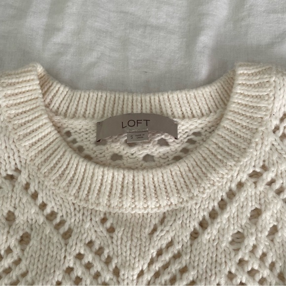 LOFT SMALL cream sweater Pointelle Knit Wool Blend white open knit long sleeve - Picture 3 of 7